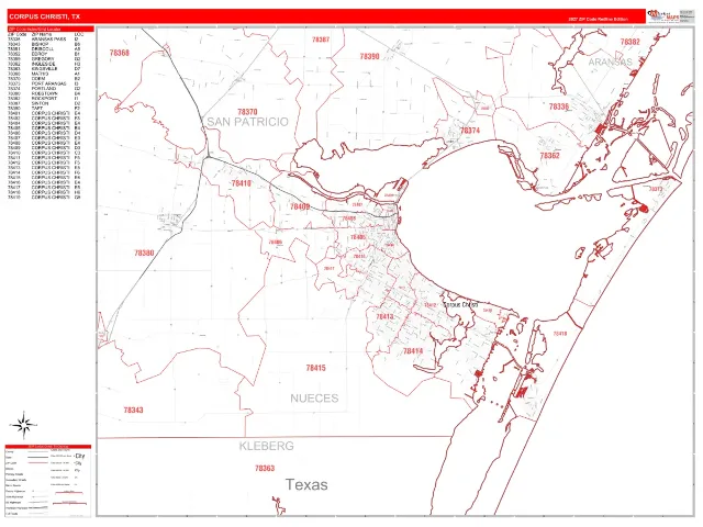 Corpus Christi, TX ZIP Code Wall Map, RedLine style