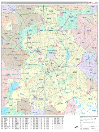 Dallas, TX Classic style ZIP Code wall map