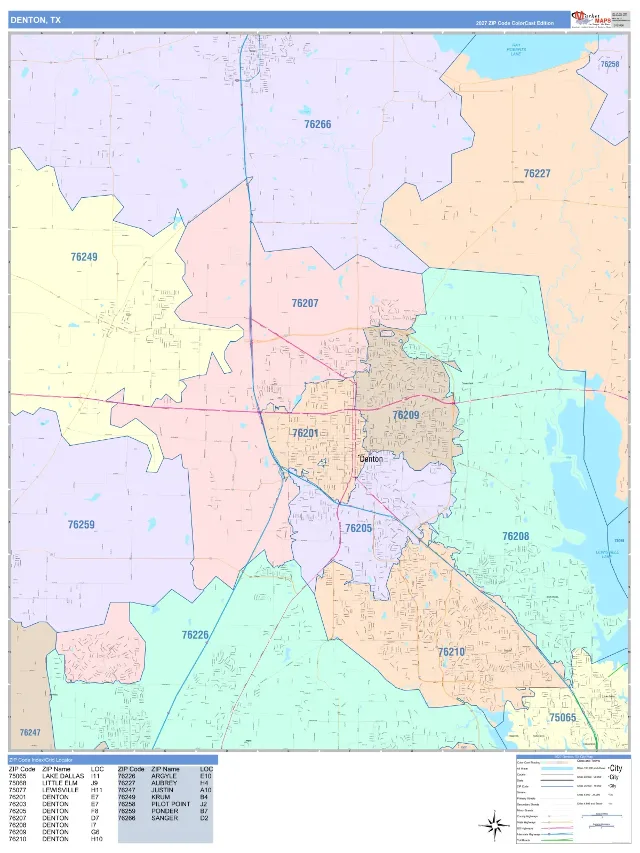 Denton, TX ZIP Code Wall Map, ColorCast style