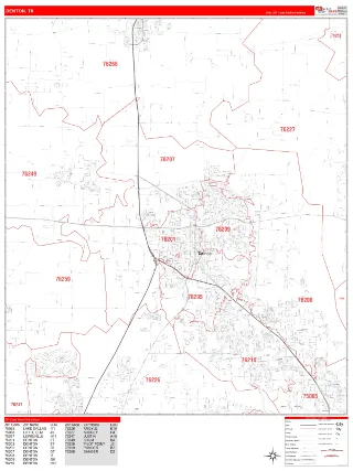 Denton, TX RedLine style ZIP Code wall map