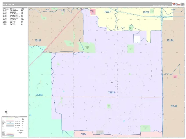 DeSoto, TX ZIP Code Wall Map, Classic style