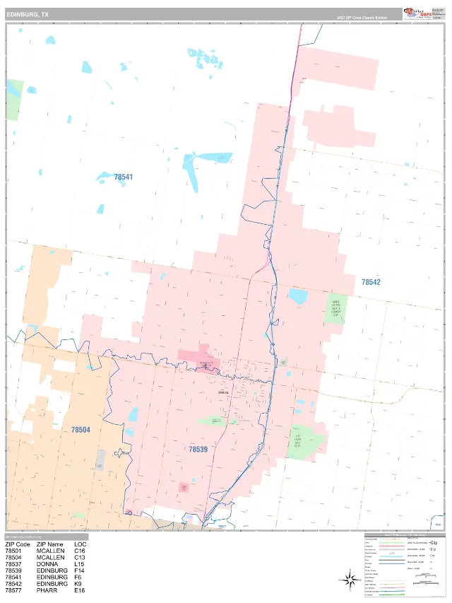 Edinburg, TX ZIP Code Wall Map, Classic style