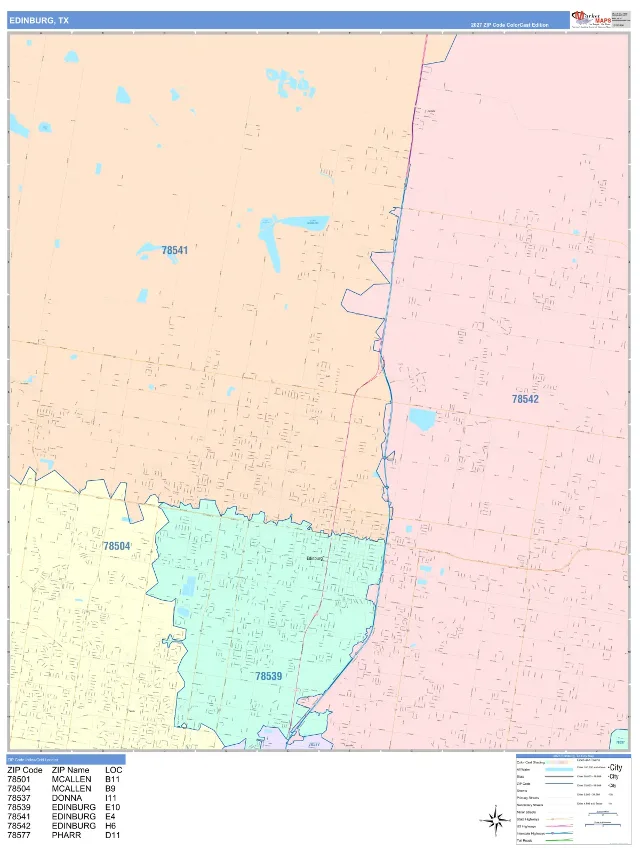 Edinburg, TX ZIP Code Wall Map, ColorCast style