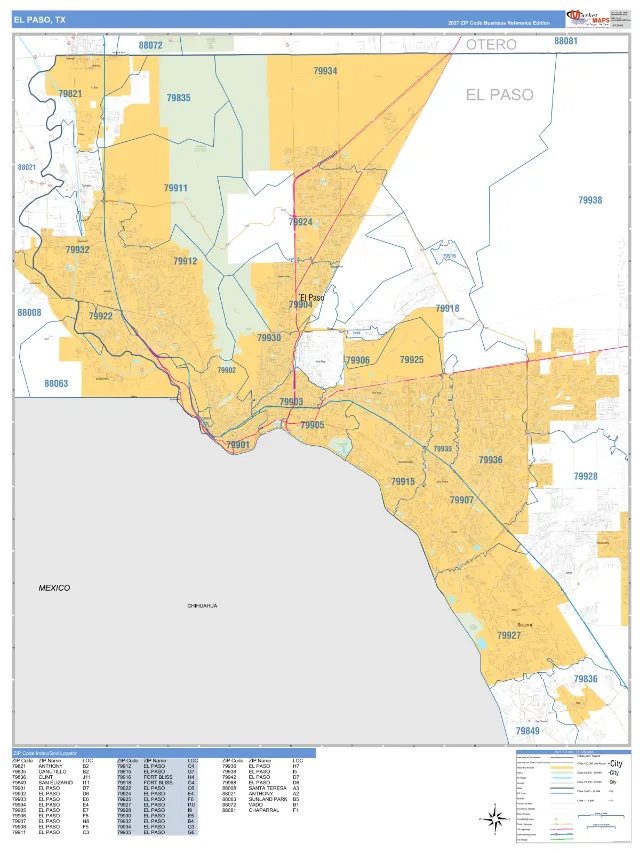 El Paso, TX ZIP Code Wall Map, Business Reference style