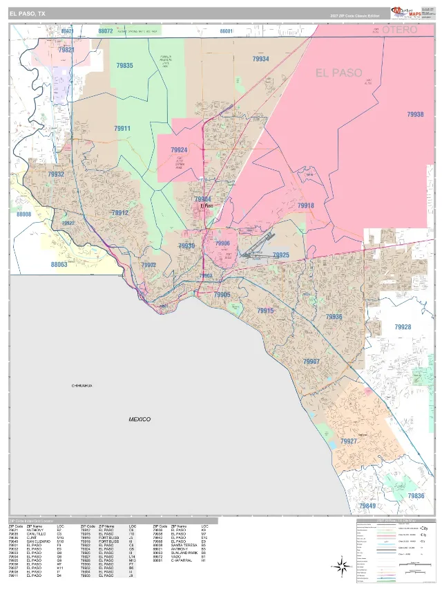 El Paso, TX ZIP Code Wall Map, Classic style