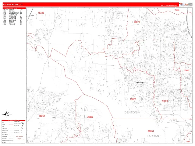 Flower Mound, TX ZIP Code Wall Map, RedLine style