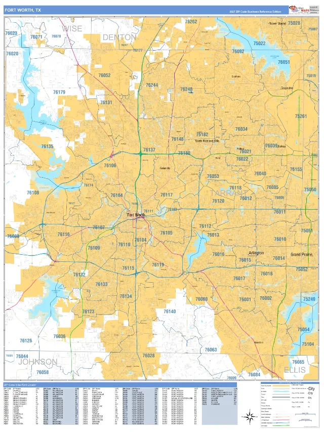 Fort Worth, TX ZIP Code Wall Map, Business Reference style