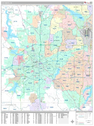 Fort Worth, TX Classic style ZIP Code wall map
