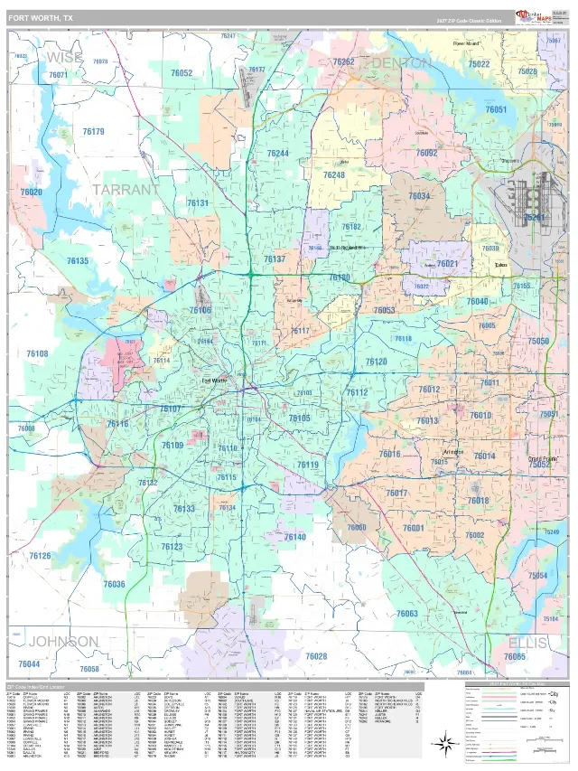 Fort Worth, TX ZIP Code Wall Map, Classic style