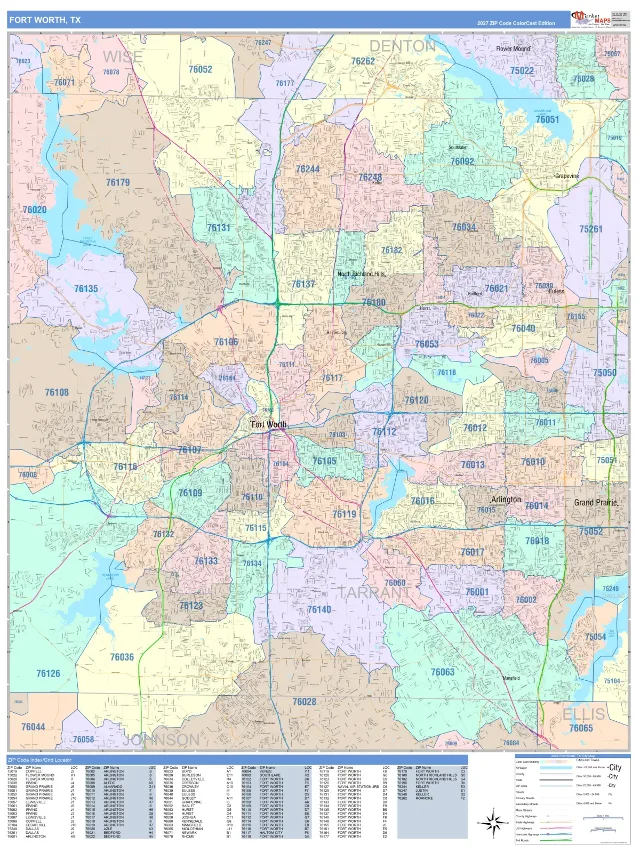Fort Worth, TX ZIP Code Wall Map, ColorCast style