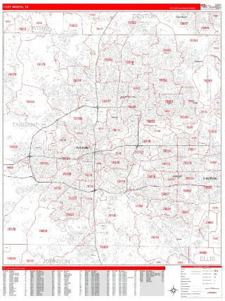 Fort Worth, TX RedLine style ZIP Code wall map
