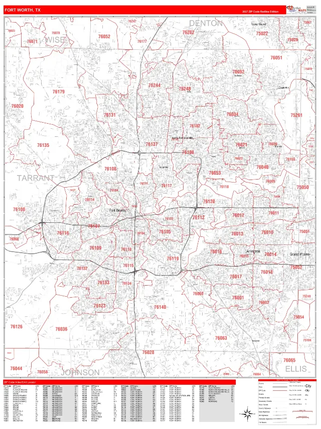 Fort Worth, TX ZIP Code Wall Map, RedLine style