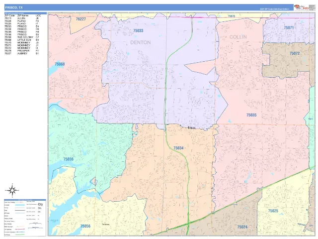 Frisco, TX ZIP Code Wall Map, ColorCast style