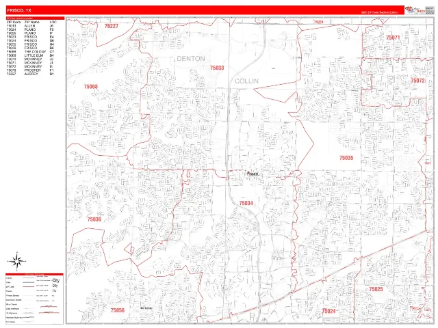 Frisco, TX ZIP Code Wall Map, RedLine style