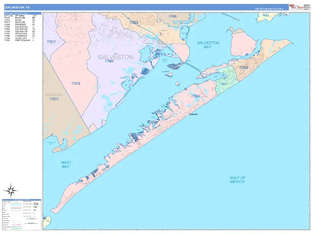 Galveston, TX ZIP Code Wall Map, ColorCast style
