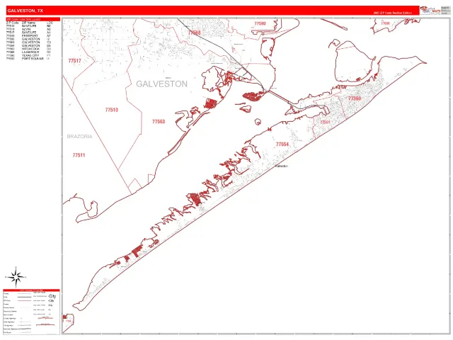 Galveston, TX ZIP Code Wall Map, RedLine style