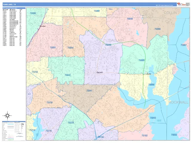 Garland, TX ZIP Code Wall Map, ColorCast style