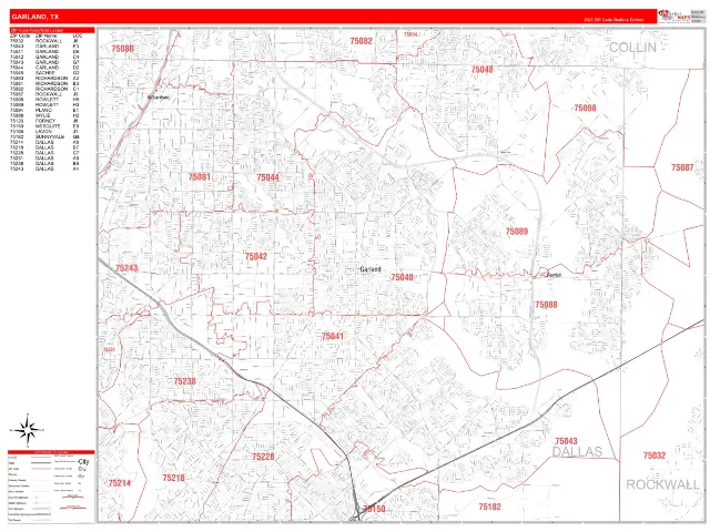 Garland, TX ZIP Code Wall Map, RedLine style