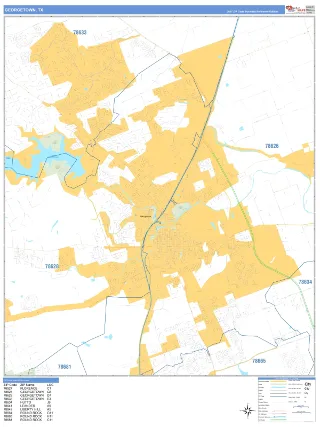Georgetown, TX Business Reference style ZIP Code wall map