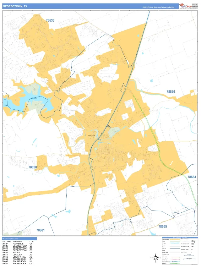 Georgetown, TX ZIP Code Wall Map, Business Reference style