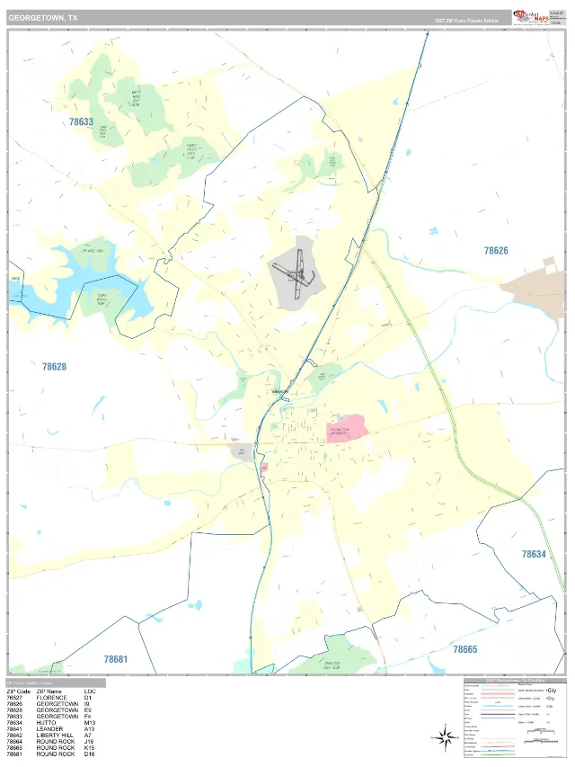 Georgetown, TX ZIP Code Wall Map, Classic style