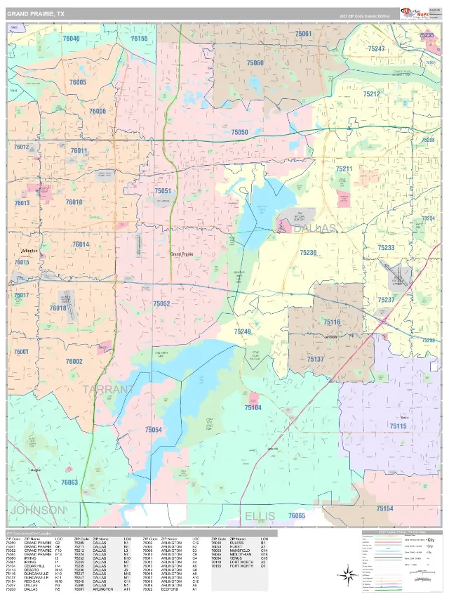 Grand Prairie, TX ZIP Code Wall Map, Classic style