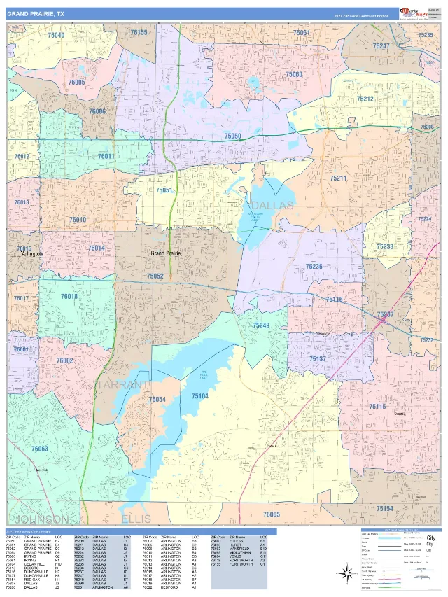 Grand Prairie, TX ZIP Code Wall Map, ColorCast style
