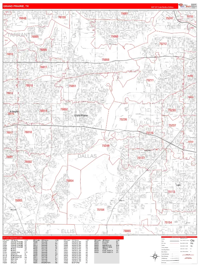 Grand Prairie, TX ZIP Code Wall Map, RedLine style