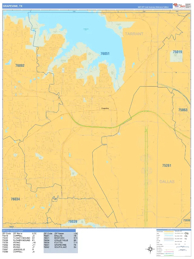 Grapevine, TX ZIP Code Wall Map, Business Reference style