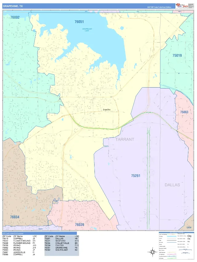 Grapevine, TX ZIP Code Wall Map, ColorCast style