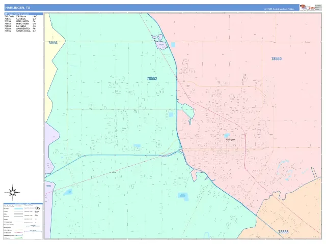 Harlingen, TX ZIP Code Wall Map, ColorCast style