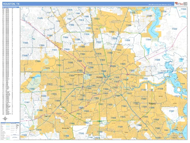 Houston, TX ZIP Code Wall Map, Business Reference style