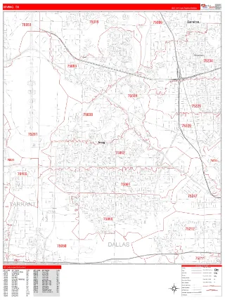 Irving, TX RedLine style ZIP Code wall map