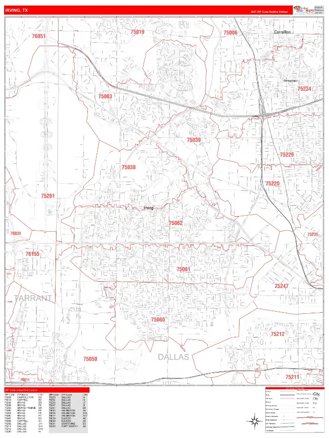 Irving, TX ZIP Code Wall Map, RedLine style