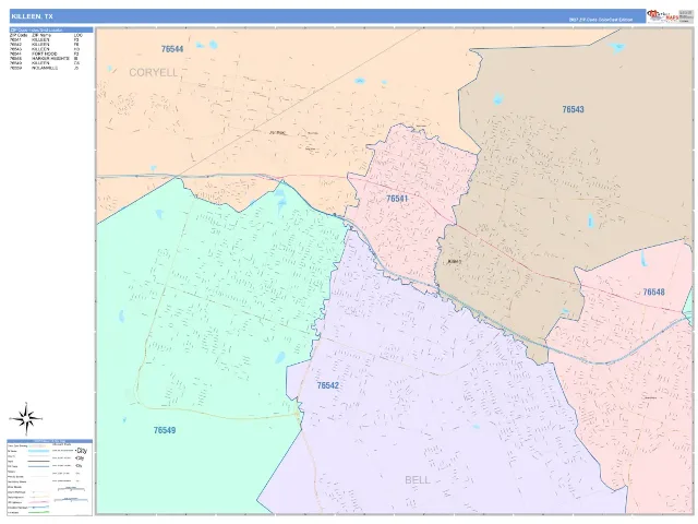 Killeen, TX ZIP Code Wall Map, ColorCast style