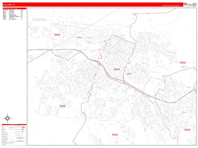 Killeen, TX ZIP Code Wall Map, RedLine style
