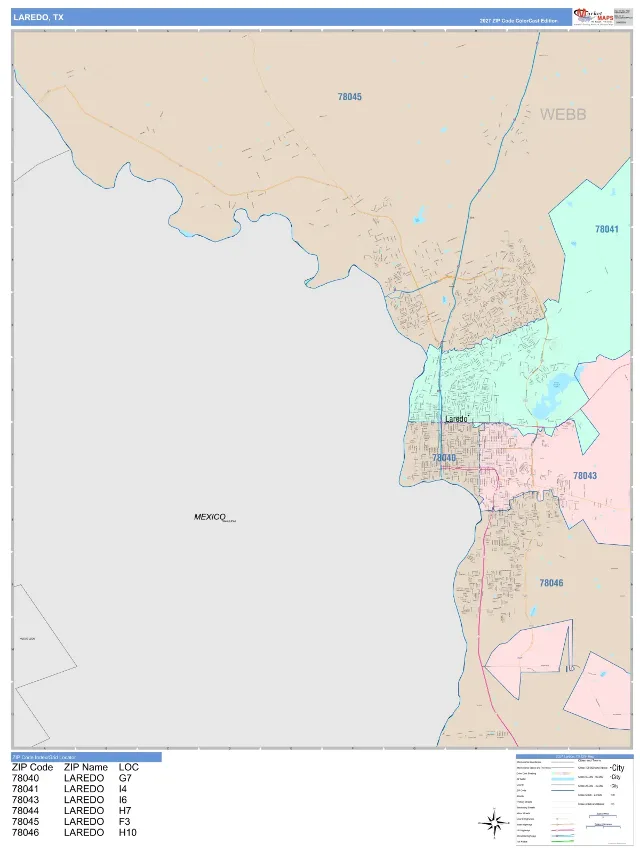 Laredo, TX ZIP Code Wall Map, ColorCast style