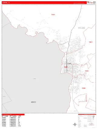 Laredo, TX RedLine style ZIP Code wall map