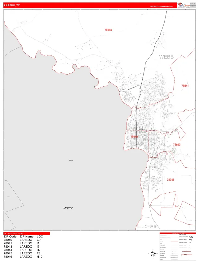 Laredo, TX ZIP Code Wall Map, RedLine style
