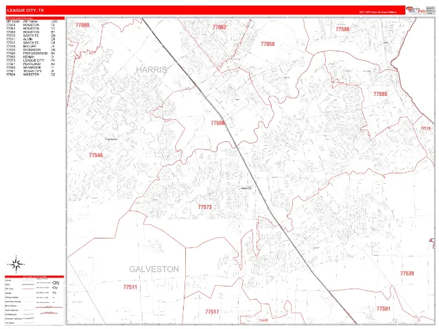 League City, TX ZIP Code Wall Map, RedLine style