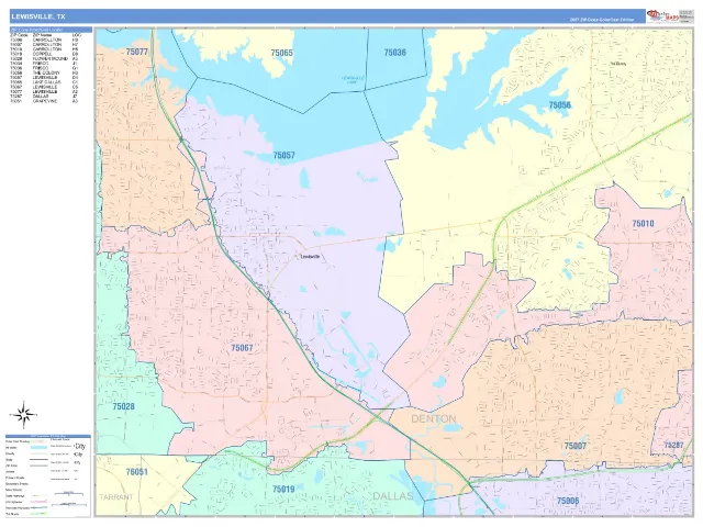 Lewisville, TX ZIP Code Wall Map, ColorCast style