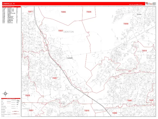 Lewisville, TX ZIP Code Wall Map, RedLine style