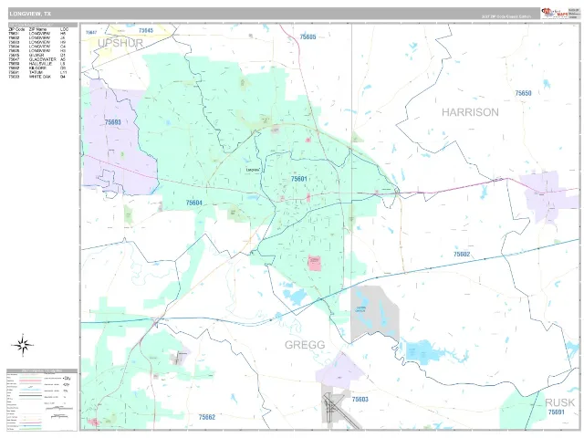 Longview, TX ZIP Code Wall Map, Classic style