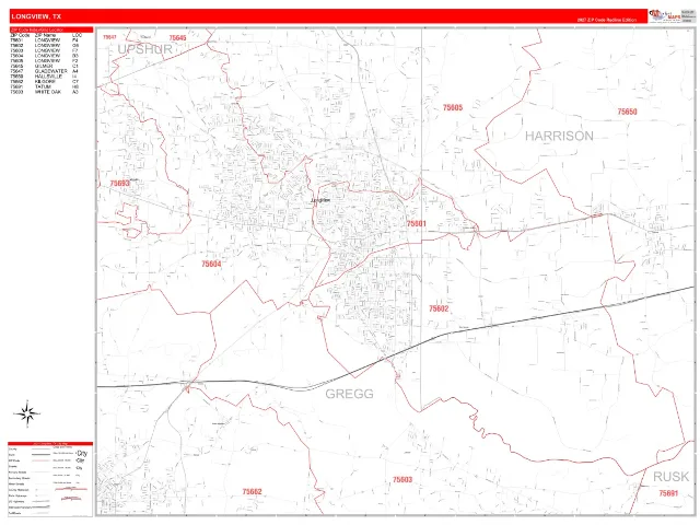 Longview, TX ZIP Code Wall Map, RedLine style