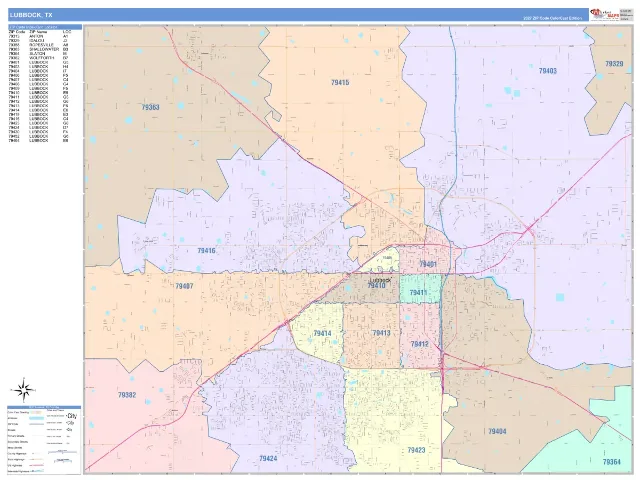 Lubbock, TX ZIP Code Wall Map, ColorCast style