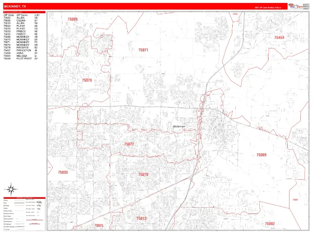 McKinney, TX ZIP Code Wall Map, RedLine style