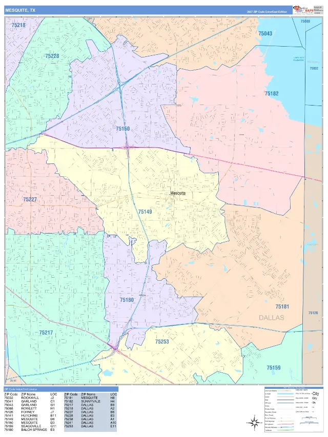 Mesquite, TX ZIP Code Wall Map, ColorCast style