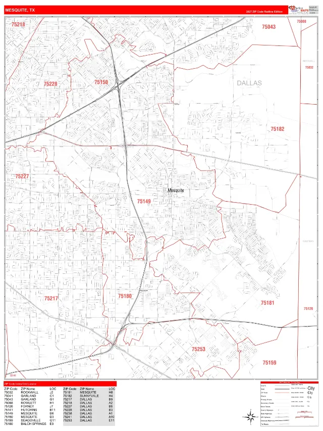 Mesquite, TX ZIP Code Wall Map, RedLine style