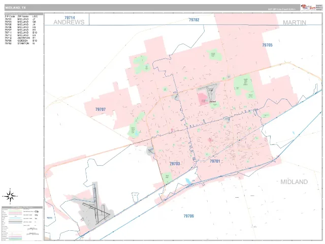 Midland, TX ZIP Code Wall Map, Classic style