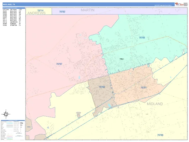 Midland, TX ZIP Code Wall Map, ColorCast style